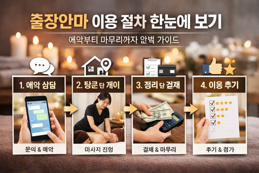 출장안마 이용 절차 한눈에 보기 (예약부터 마무리까지) 보여주는 이미지